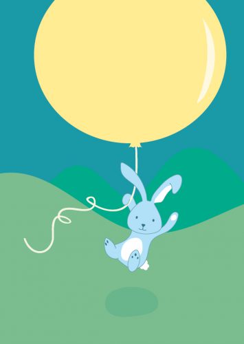 Birth card of bunny arriving by balloon