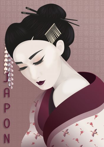 Graphic design: portrait illustration of Japanese woman (Geisha) with kimono